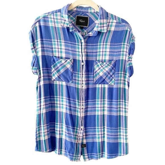 Rails Blue Plaid Button Front Collared Short Sleeve Shirt S - Picture 1 of 6